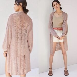 Anthropologie Tan Crochet Duster Cardigan Sweater Open Front One Size